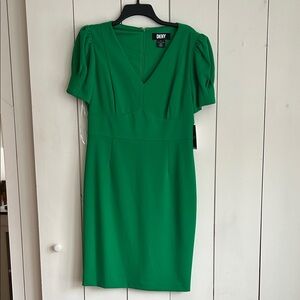 DKNY Emerald V-Neck Midi Dress with Puff Sleeves